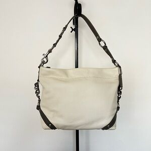 Coach Carly Hobo Shoulder Bag Purse Ivory Beige & Gray Strap Pebble Leather